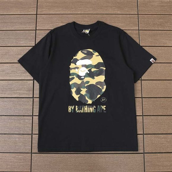 BAPE Yellow Monkey and Letter Print Logo T-Shirt - Black Short Sleeve